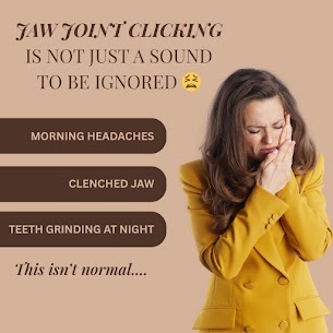 Infographic showing TMJ symptoms including morning headaches, clenched jaw, and teeth grinding
