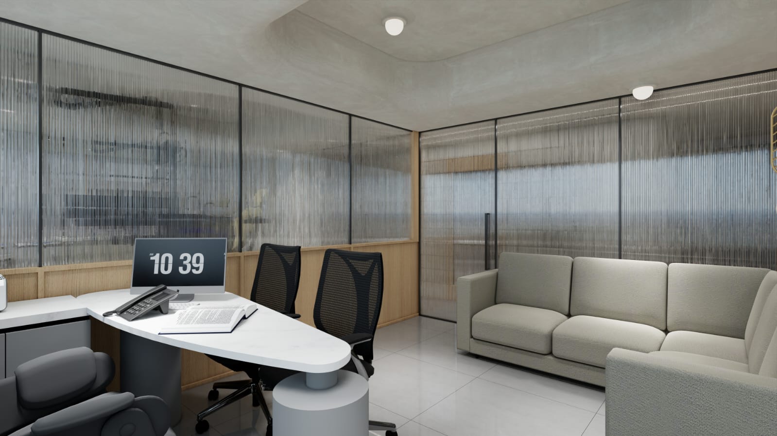 Doctor cabin with desk, chairs and city view through glass walls