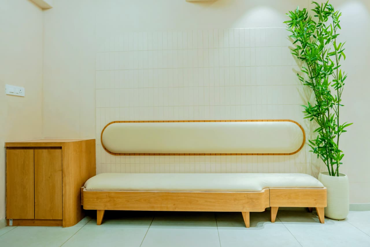 Waiting lounge with sofa and panoramic windows