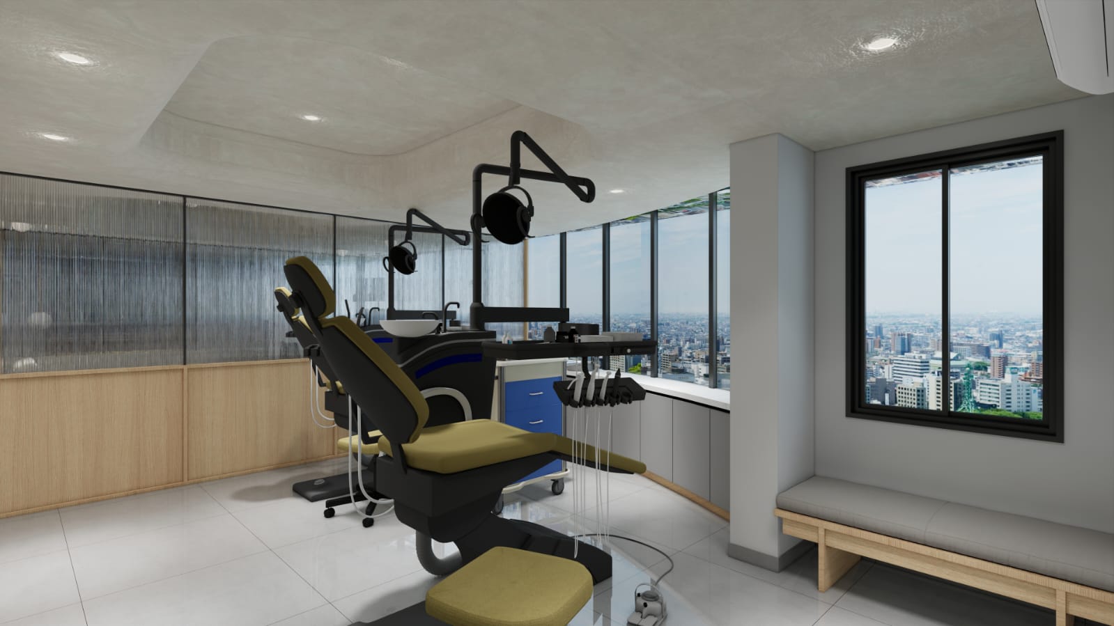 Modern treatment room with city-view window at Enbite Dental Clinic, Vadodara